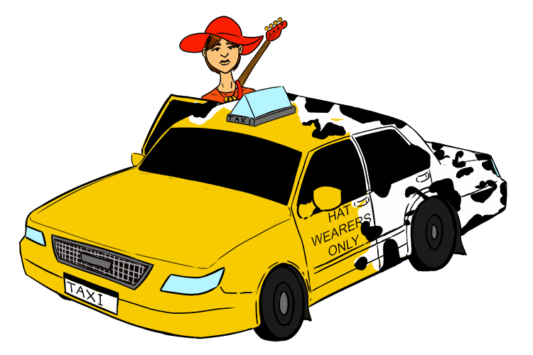 A picture of a person with hat getting into a taxi anatomy inside shape of an organism